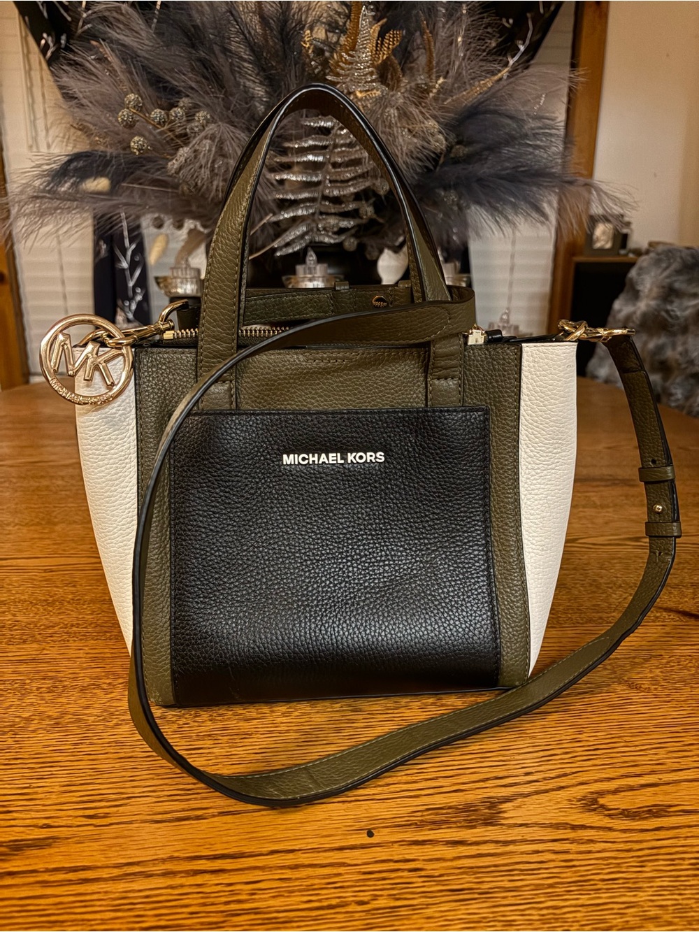 Michael Kors Olive, Black & White Pebbled Leather Satchel with MK Charm